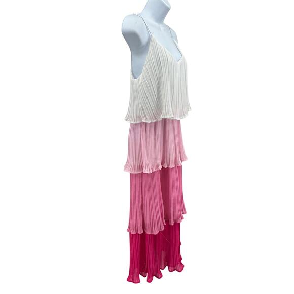 She + Sky Ombre Tiered Pleated Midi Dress WMNS S Pink White Flowy V-Neck Ruffled - Picture 4 of 11